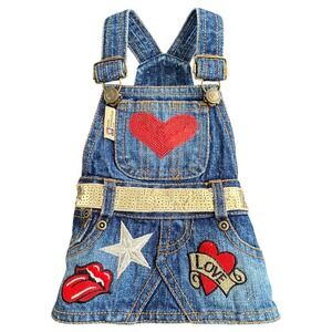 Monkey Daze Denim Overall Dog Dress Rock and Roll Heart Red Size M